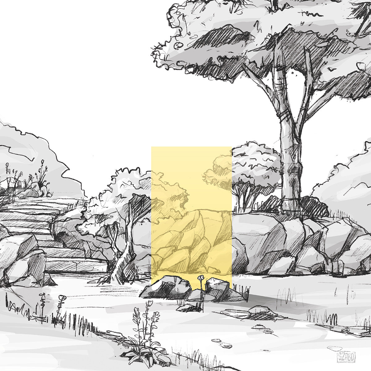 illustrative Darstellung eines gelben KNUMOX Design-Elements für den Garten aus Glas mit der Transparenz "durchlässig" und der Breite von 100 cm.