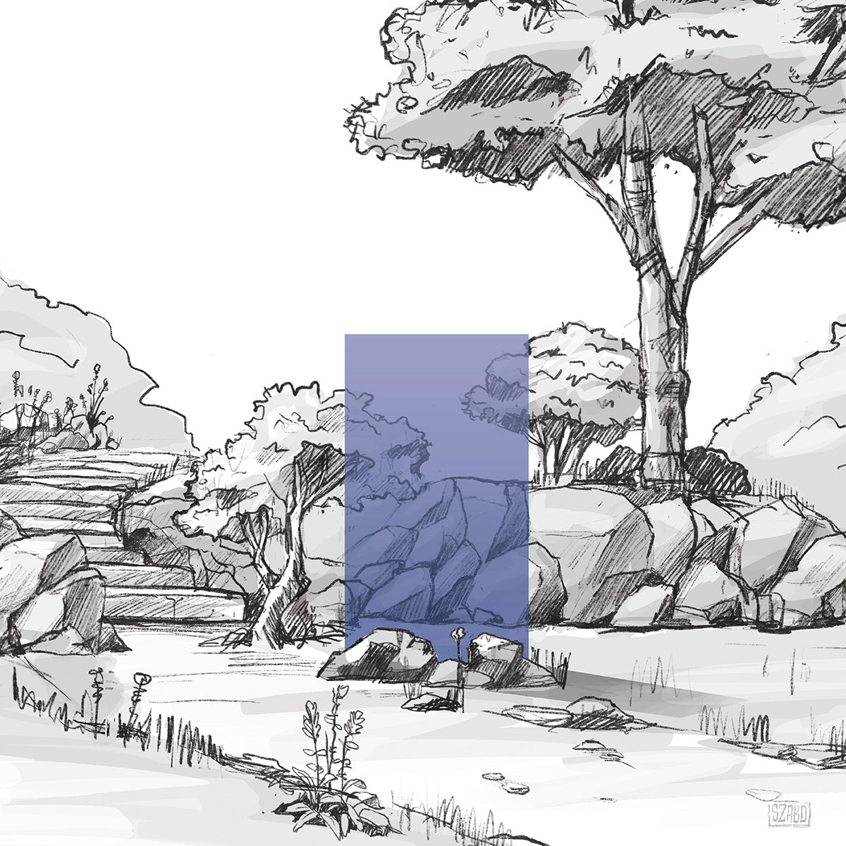illustrative Darstellung eines blauen KNUMOX Design-Elements für den Garten aus Glas mit der Transparenz "durchlässig" und der Breite von 100 cm.