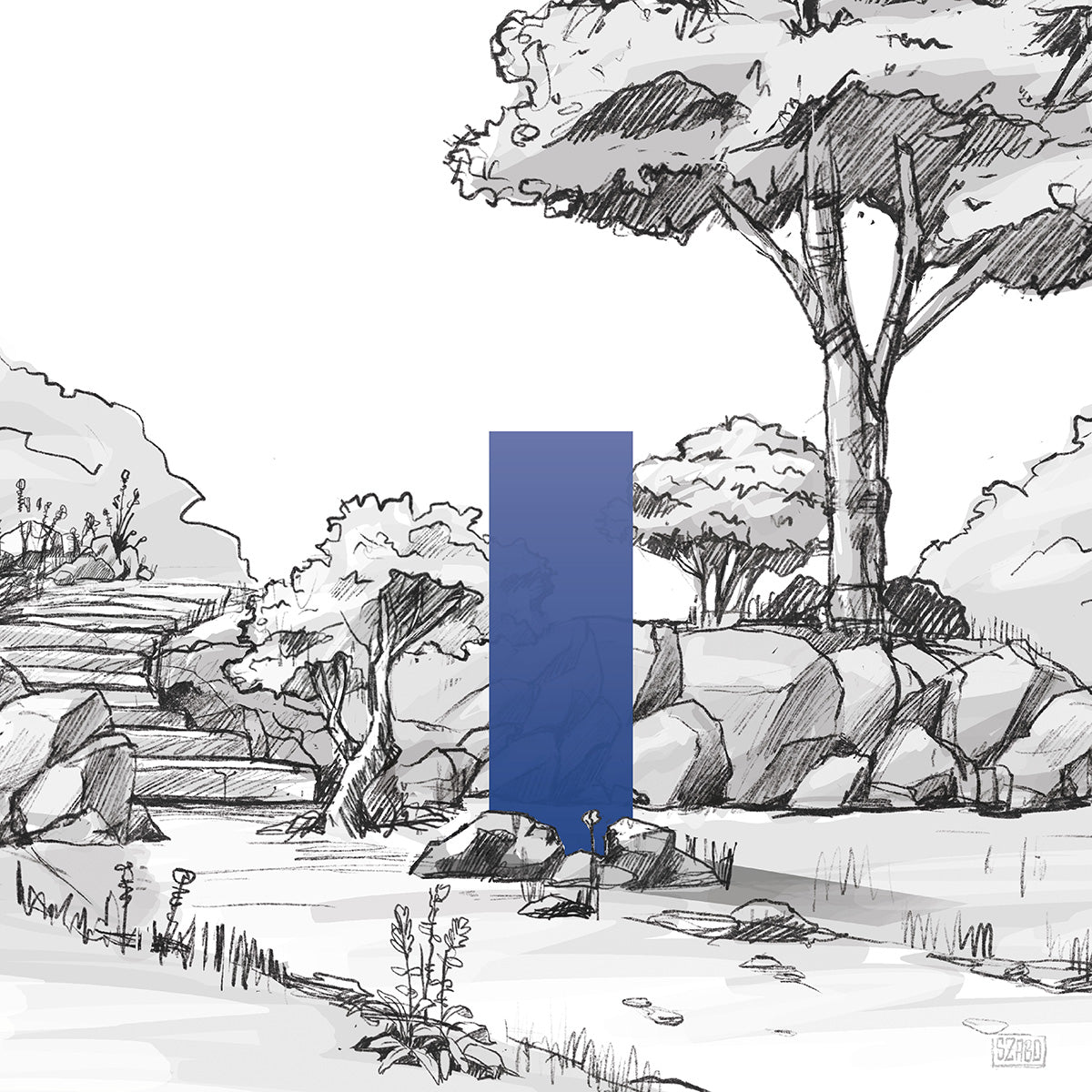 illustrative Darstellung eines blauen KNUMOX Design-Elements für den Garten aus Glas mit der Transparenz "transluzent" und der Breite von 60 cm.