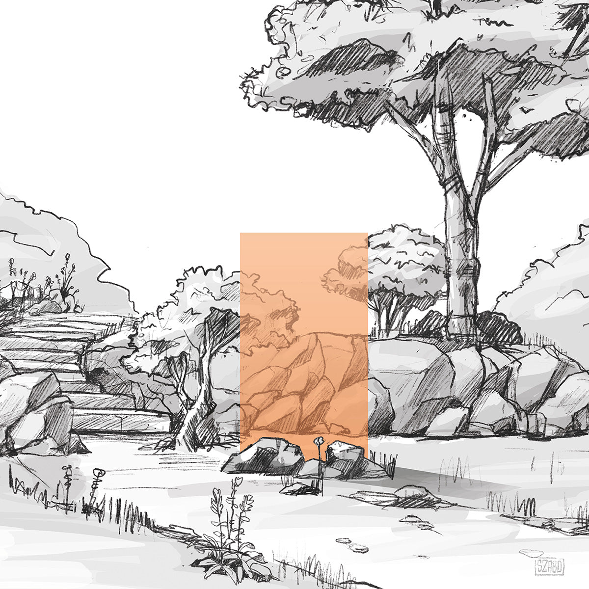 illustrative Darstellung eines orangenen KNUMOX Design-Glaslements für den Garten mit der Transparenz "durchlässig" und der Breite von 100 cm.