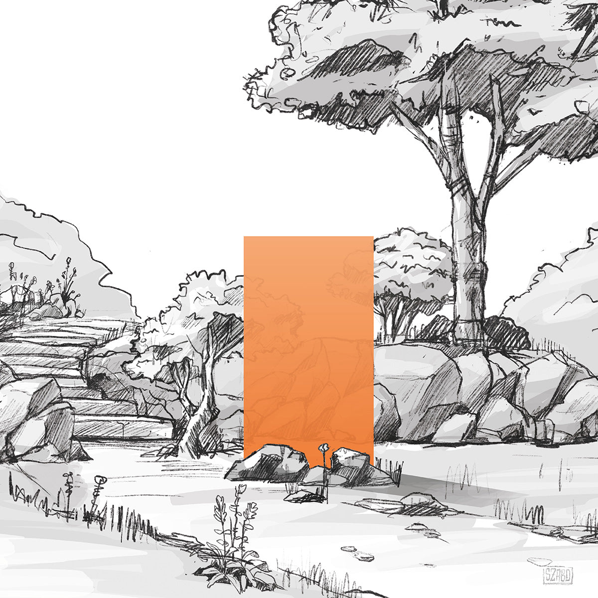 illustrative Darstellung eines orangenen KNUMOX Design-Glaslements für den Garten mit der Transparenz "transluzent" und der Breite von 100 cm.