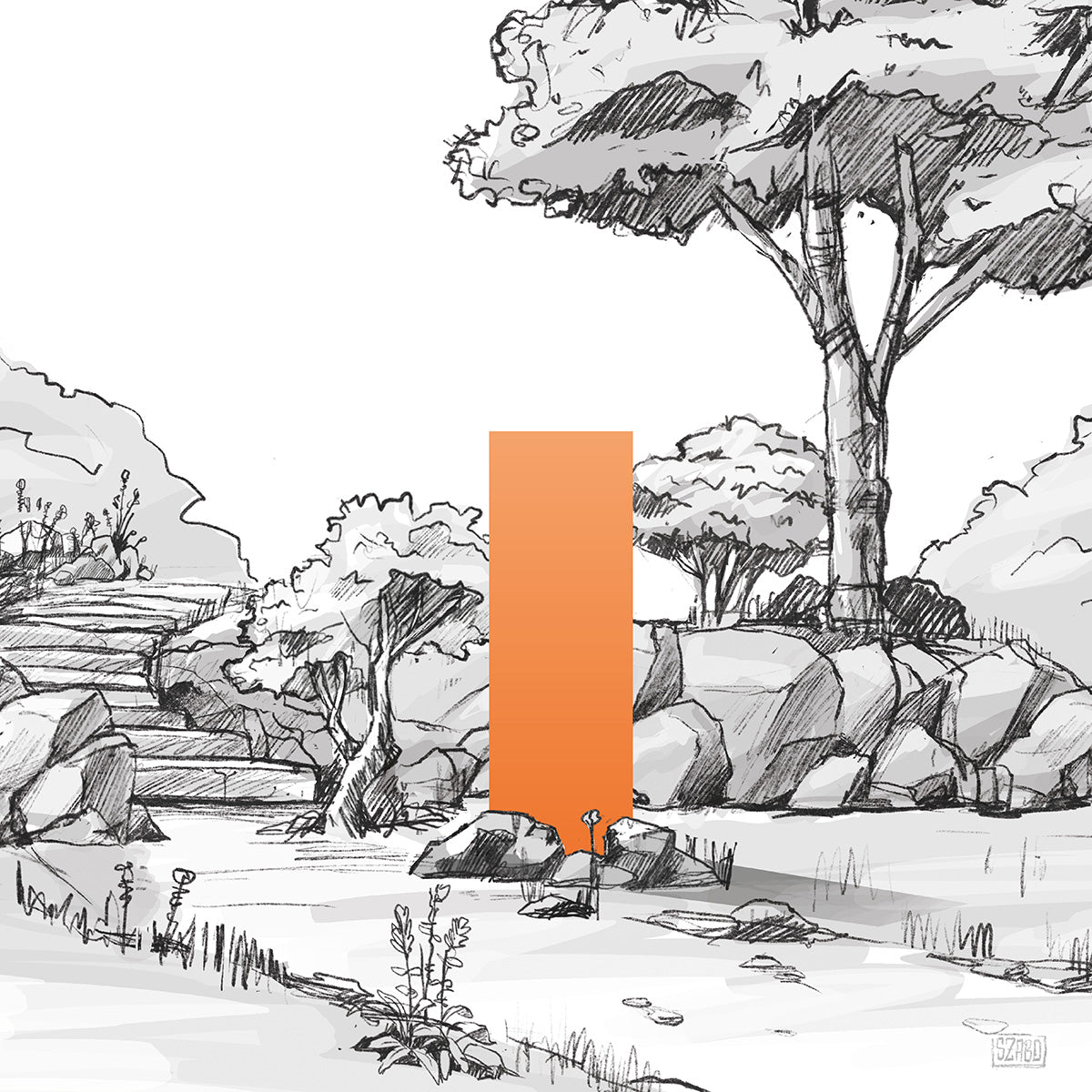 illustrative Darstellung eines orangenen KNUMOX Design-Glaslements für den Garten mit der Transparenz "opak" und der Breite von 60 cm.