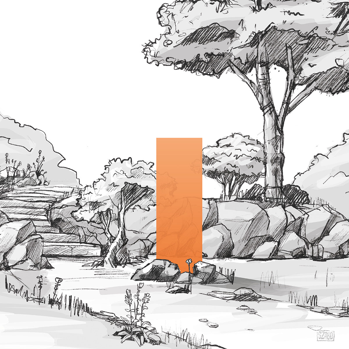 illustrative Darstellung eines orangenen KNUMOX Design-Glaslements für den Garten mit der Transparenz "transluzent" und der Breite von 60 cm.